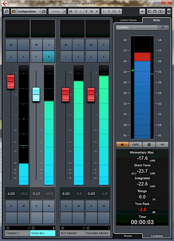 Cubase mixer with loudness meter
